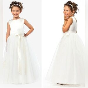 NWT Dessy Girl Satin Tulle Flower Girl Dress in Ivory White Sash Bow